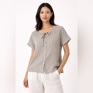 EILEEN FISHER Boxy Linen Tie Front Blouse | Minimalist Coastal Petite Medium